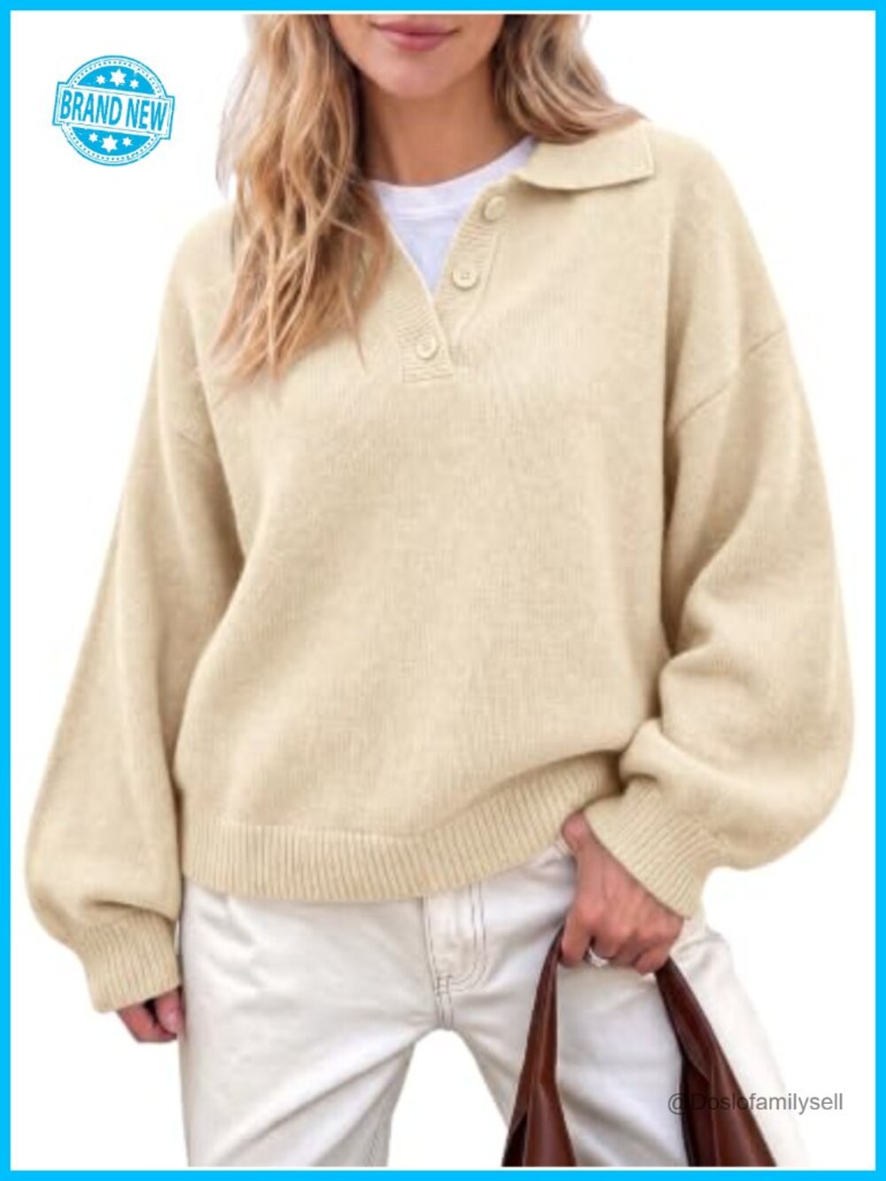 Polo V Neck Lantern Sleeve Knit Pullover Sweater